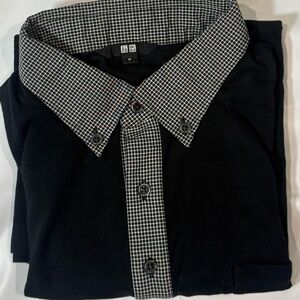 UNIQLO Black Polo Size M | Gingham Collar and Flap (Pecks) | Button Down